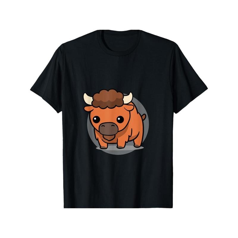 Kawaii Bison Cotton T-Shirt, Crew Neck, Casual Style, Slight Stretch, Geometric Pattern, Applique Detail, Knit Fabric,...
