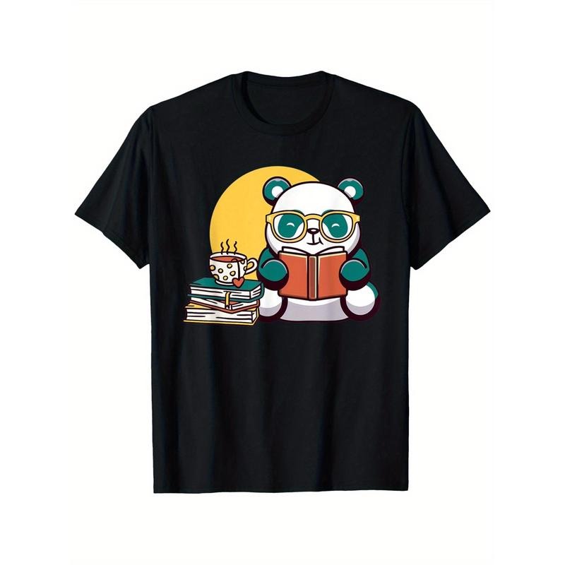 Kawaii Panda Reading Books & Drinking Tea T-Shirt, 100% Cotton, Casual Crew Neck, Short Sleeve, All-Season Comfort,...
