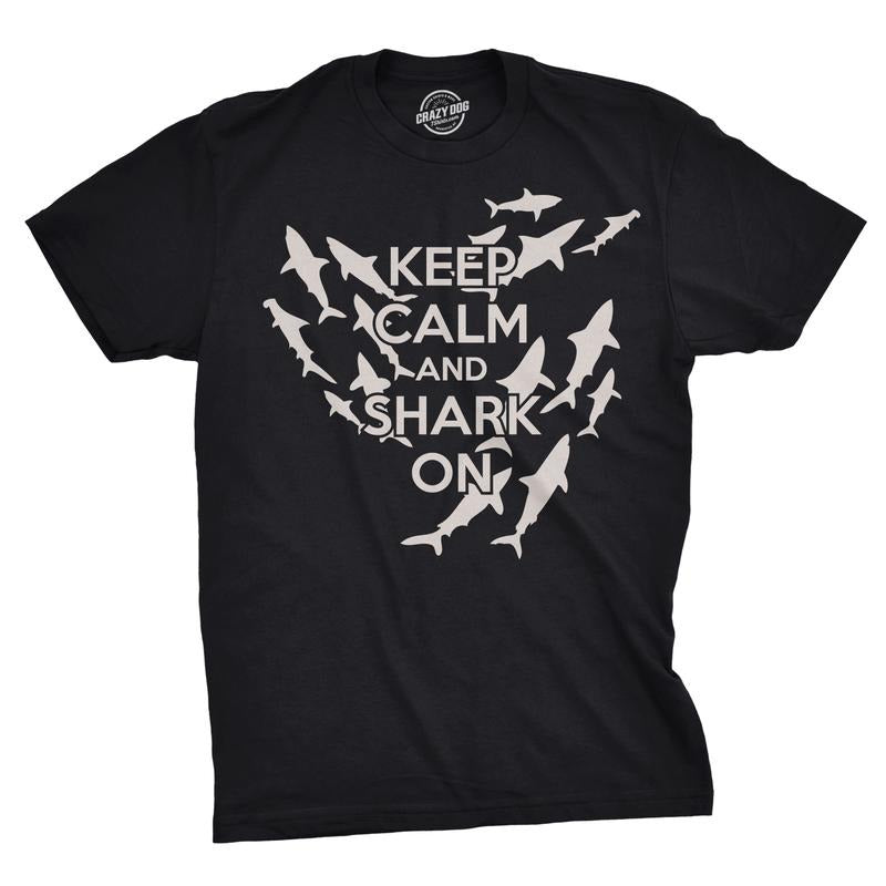 Keep Calm and Shark On T Shirt Funny Aquatic Meme Tee Mens Funny T Shirts Cool Slimming Tees with Plus Sizes Shark T...