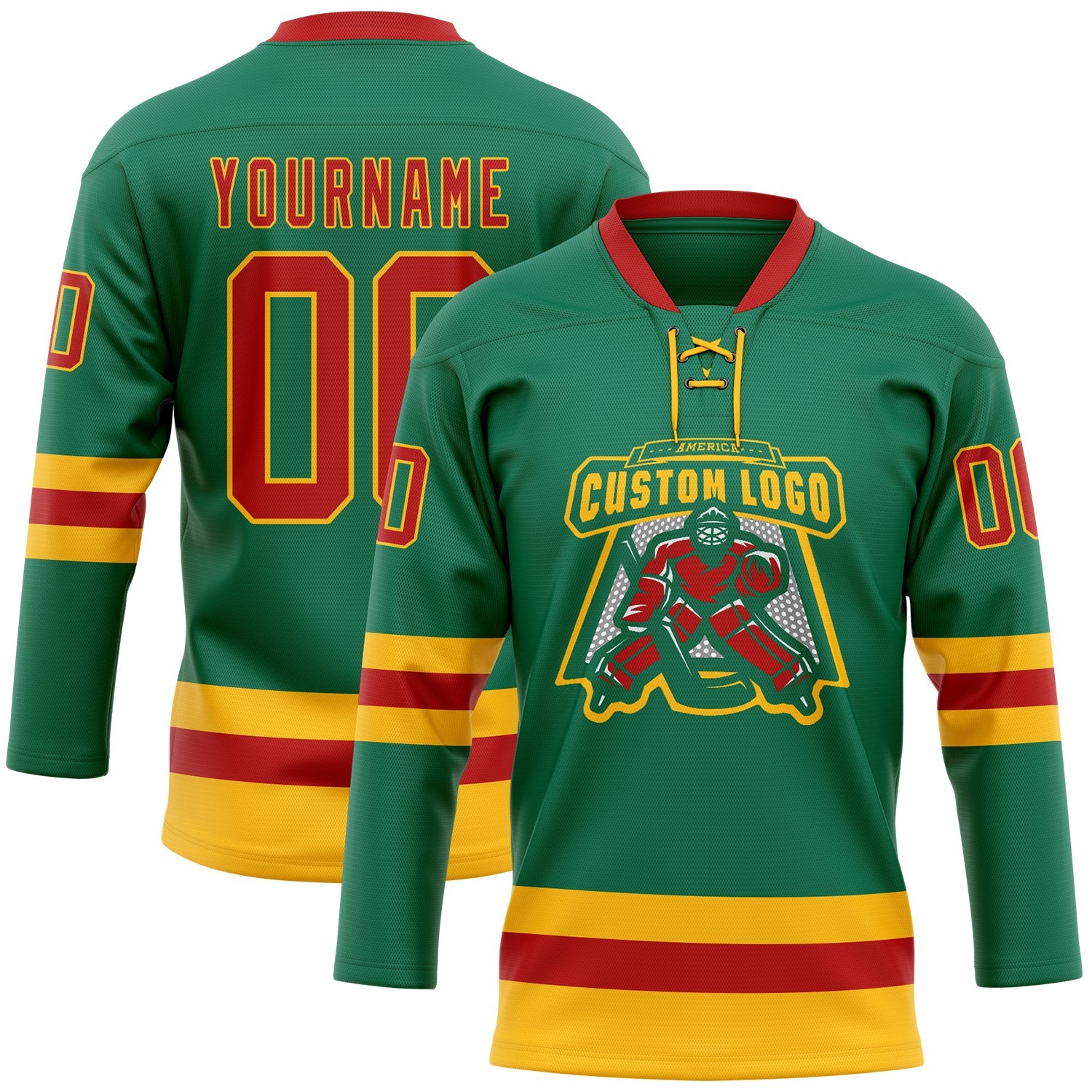 Custom Kelly Green Red-Gold Hockey Lace Neck Jersey T-Shirts, Hoodie, Sweatshirt | WearSparks.com (Image 2)
