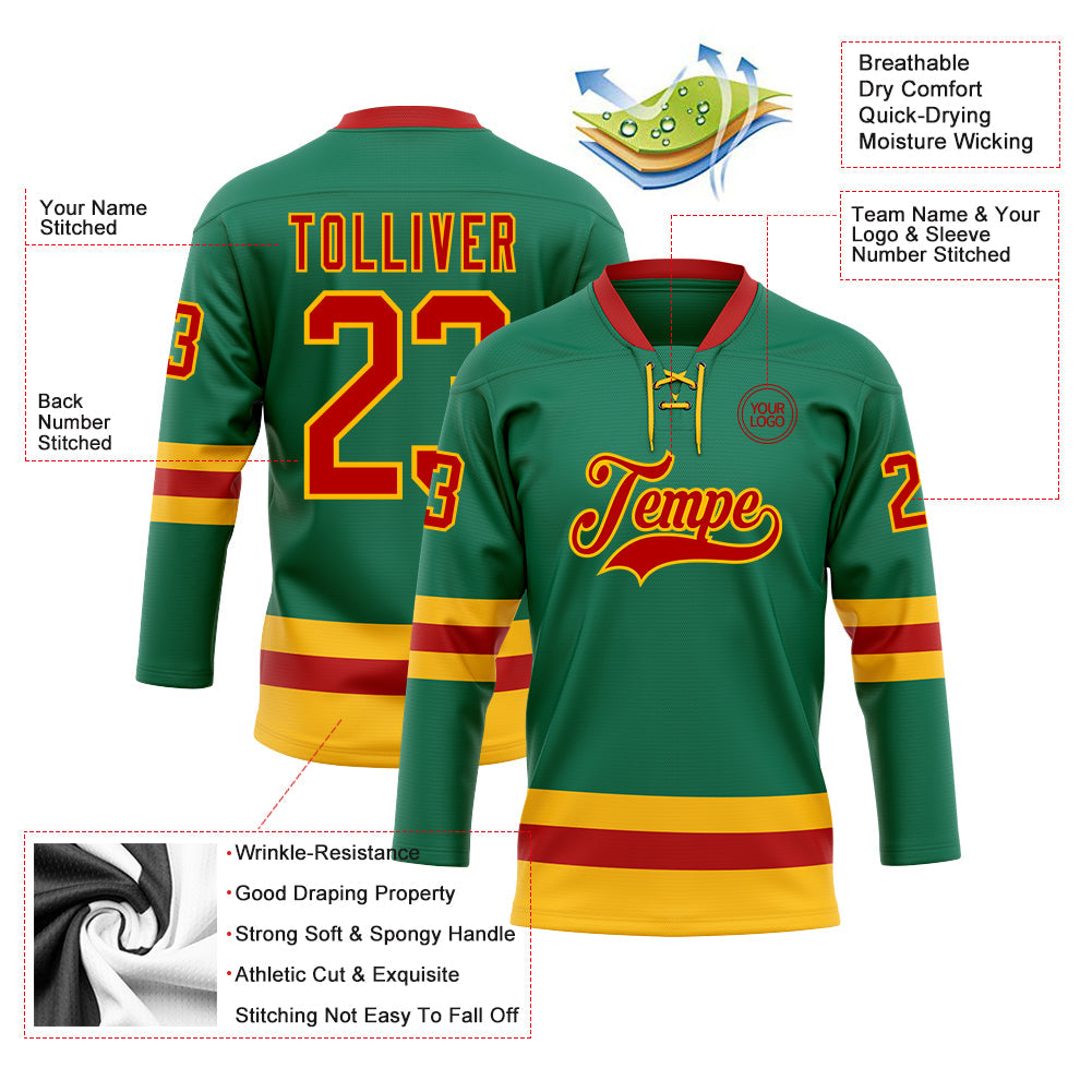 Custom Kelly Green Red-Gold Hockey Lace Neck Jersey T-Shirts, Hoodie, Sweatshirt | WearSparks.com (Image 3)