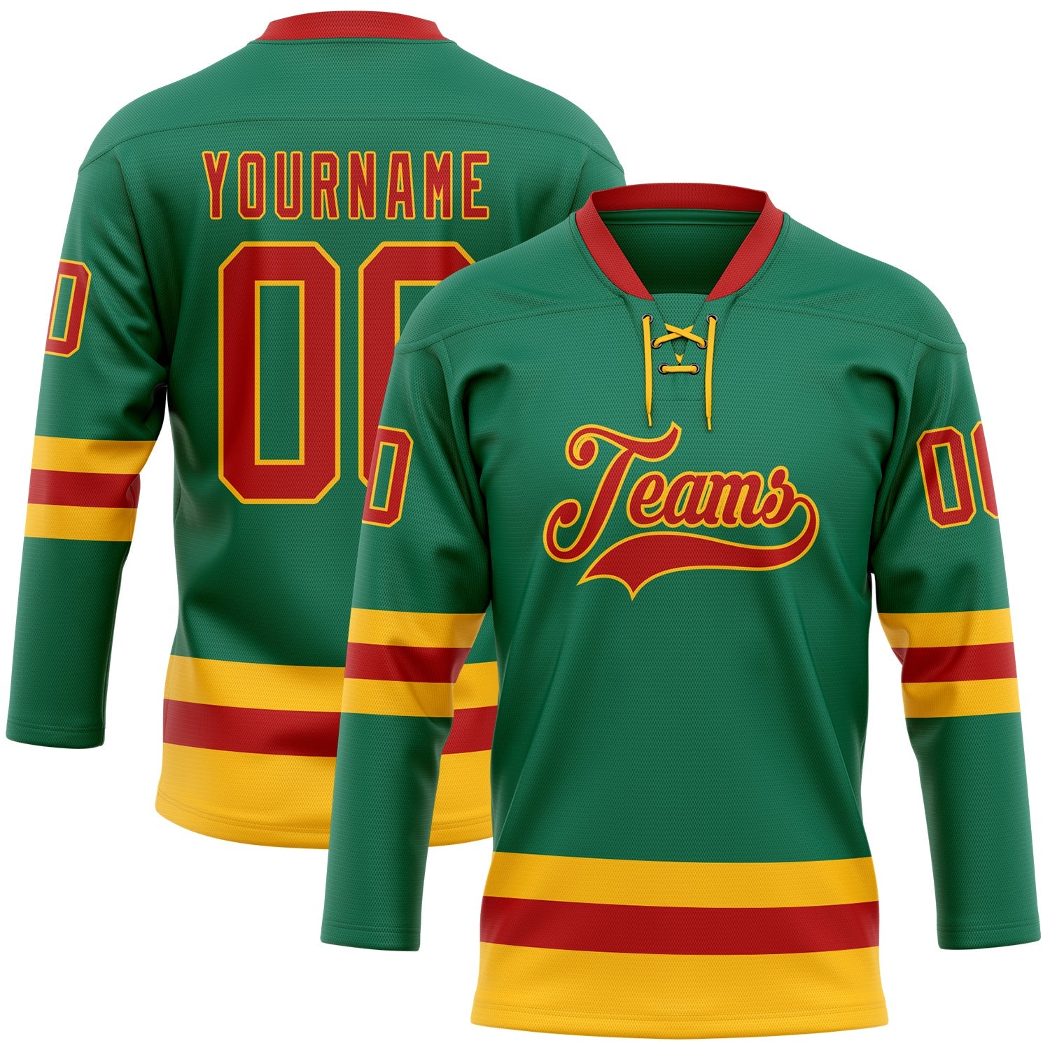 Custom Kelly Green Red-Gold Hockey Lace Neck Jersey T-Shirts, Hoodie, Sweatshirt | WearSparks.com (Image 1)