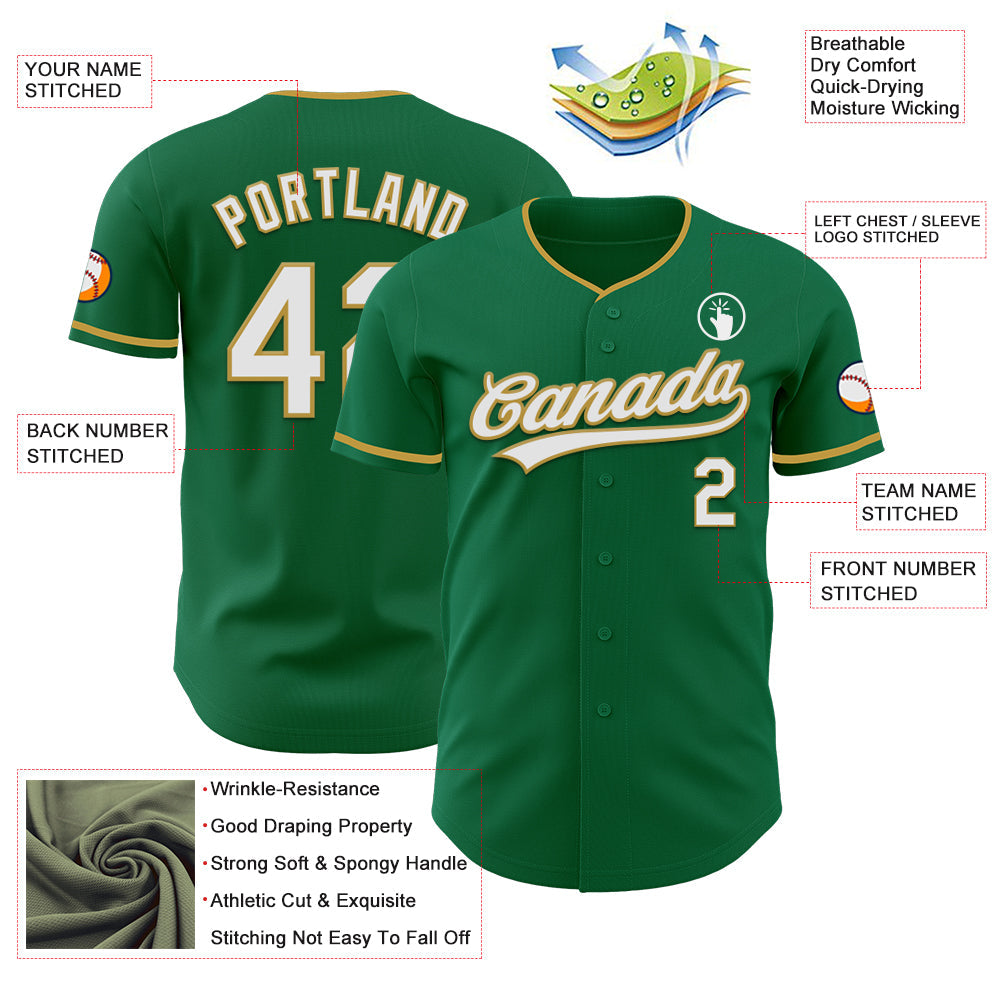 Custom Kelly Green White-Old Gold Authentic Baseball Jersey