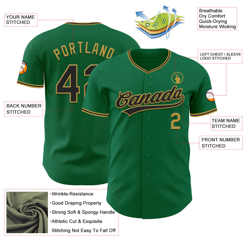 Custom Kelly Green Black-Old Gold Authentic Baseball Jersey