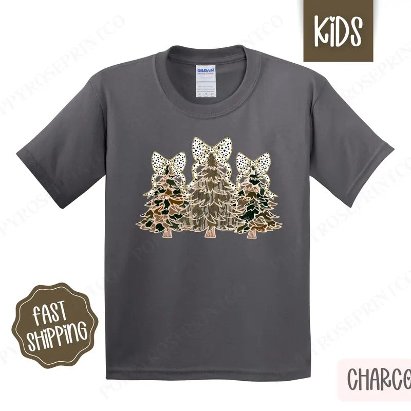 Kids Camo Christmas Shirt - Coquette Camo Bow Children's Tshirt