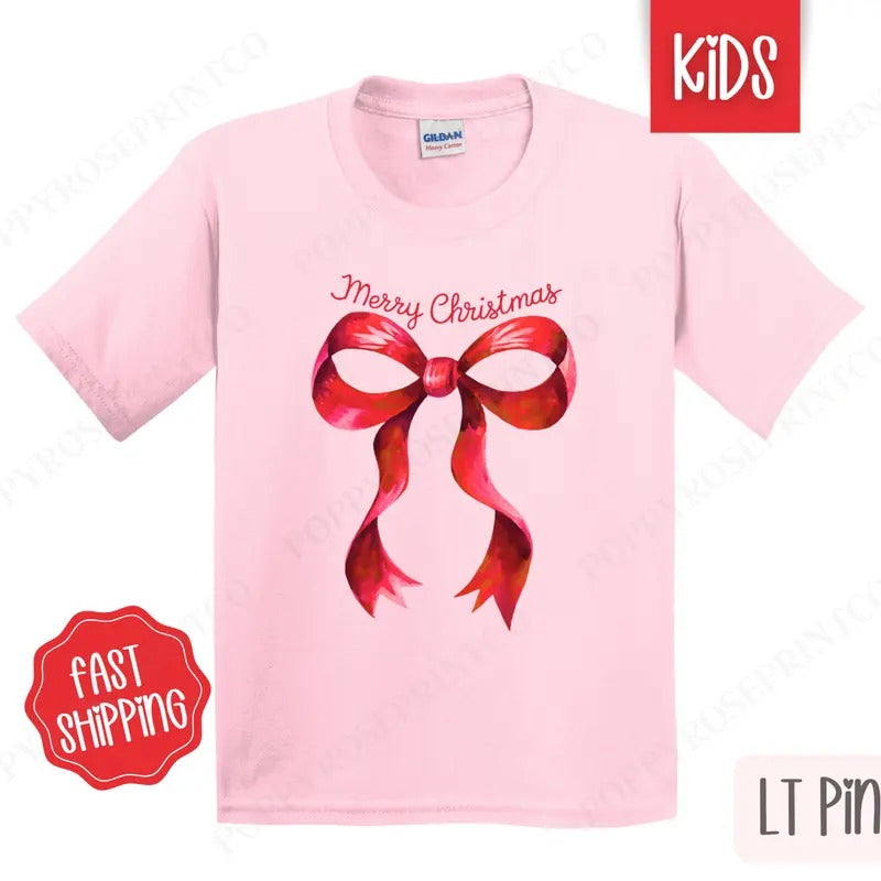 Kids Christmas Shirt - Coquette Bow Merry Christmas Tshirt - Youth Holiday Tee Gildan Hoodie, Sweatshirt | WearSparks.com