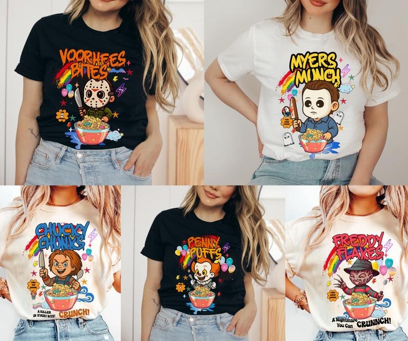 Killer Cereal Halloween T-Shirt, Horror Breakfast Tee Shirt, Funny Characters Scary Movies Shirt, Halloween Movies Tee...