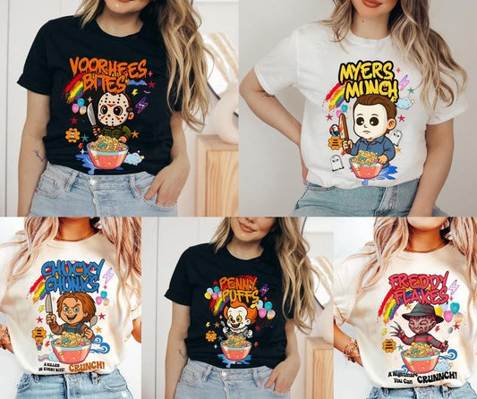 Killer Cereal Halloween T-Shirt, Horror Breakfast Tee Shirt, Funny Characters Scary Movies Shirt, Halloween Movies Tee...