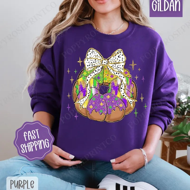 King Cake Sweatshirt, Mardi Gras Crewneck, Louisiana Women's Sweater T-Shirts, Hoodie | WearSparks.com