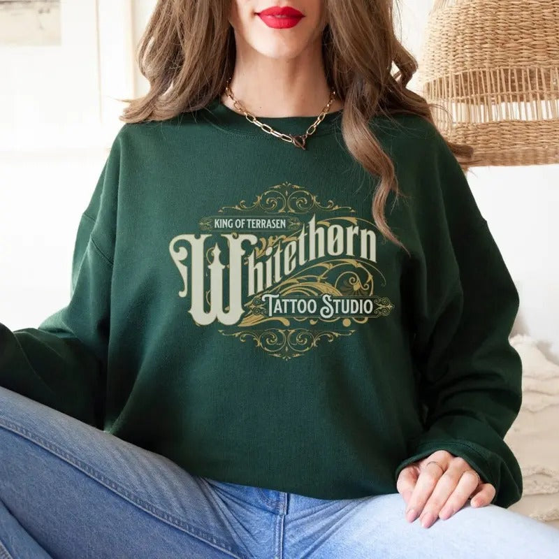 King Of Terrasen Sweatshirt, Whitethorn Tattoo Studio Hoodie, Rowan Throne of Glass Sarah J Maas Merch, SJM Merch, Acotar...