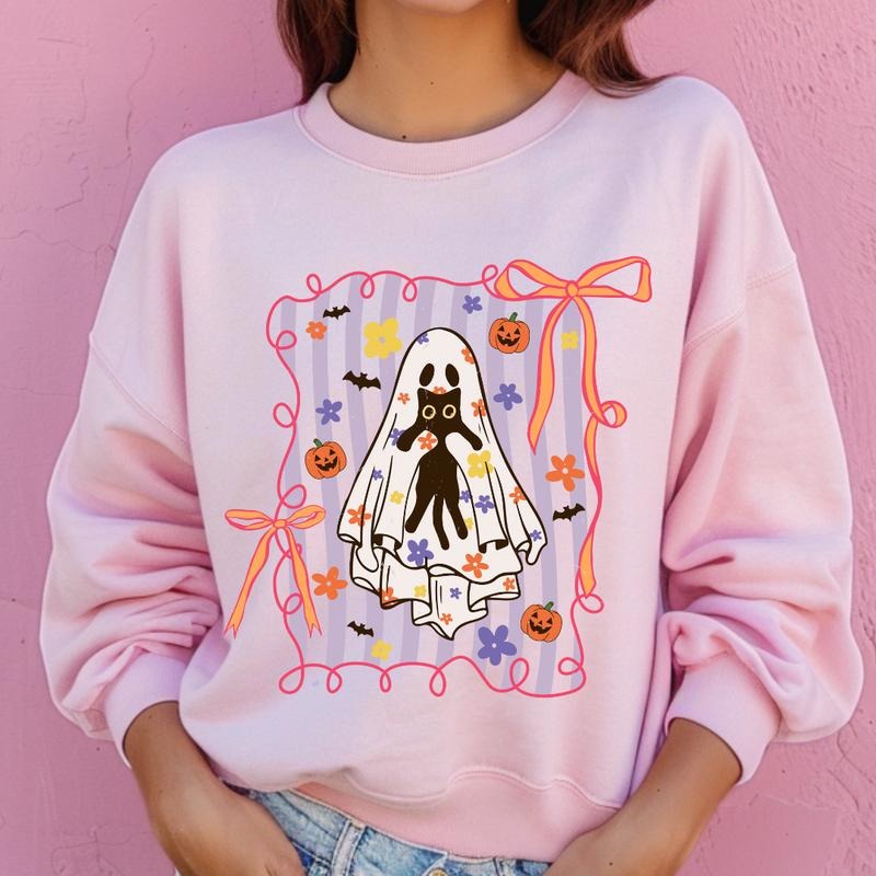 Kitty & Ghost Hugs Halloween Sweatshirt ~ Unisex Apparel Relaxed Fit Printed In The USA Clothing Womenswear Casual...