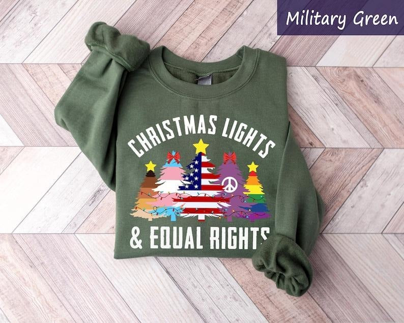 LGBTQ Christmas Trees Shirt, Christmas Lights Equal Rights, Pride Christmas Sweatshirt, Rainbow Holiday Shirt Equality,...