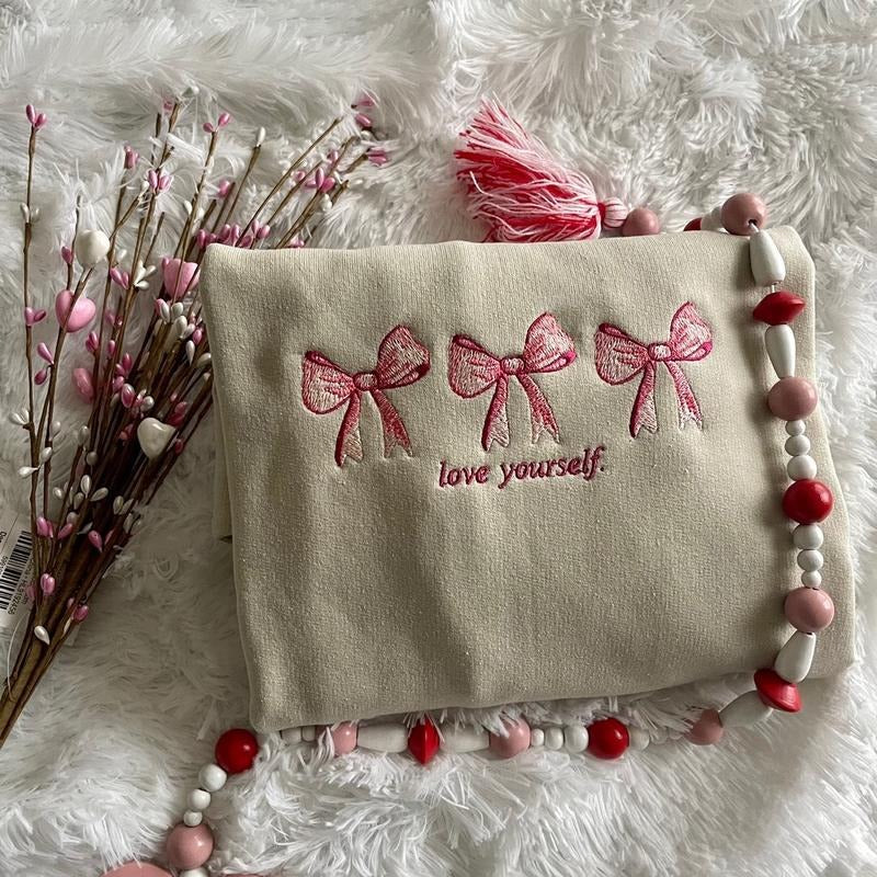 LOVE YOURSELF Coquette Sweatshirt Embroidered Valentine's Day Sweatshirt Trendy Bow Sweatshirt Valentine Day Gift...
