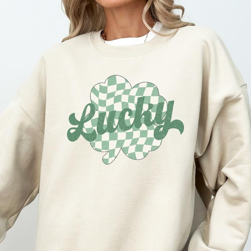 LUCKY CLOVER CHECKERED SWEATSHIRT (UNISEX, CASUAL COTTON SWEATSHIRT, HOLIDAY ST. PATRICKS DAY) Womenswear Hoodie T-Shirts