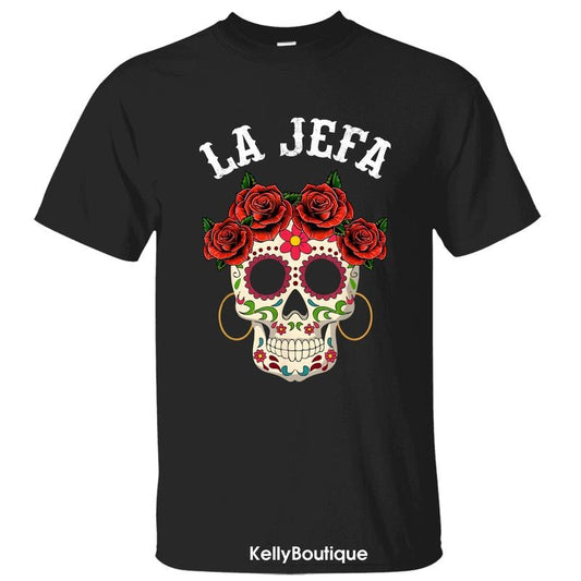 La Jefa Sugar Skull Day Of The Dead Dia De Los Muertos T-Shirt, Sugar Skull Halloween Costume, Trendy Hispanic Halloween...
