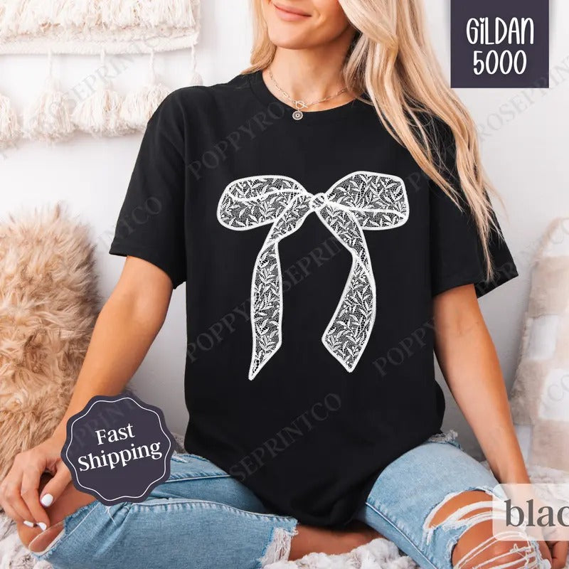 Lace Bow Shirt Gildan, Coquette Tee, Trendy Women's Tshirt Plus Sizes Hoodie, Sweatshirt | WearSparks.com