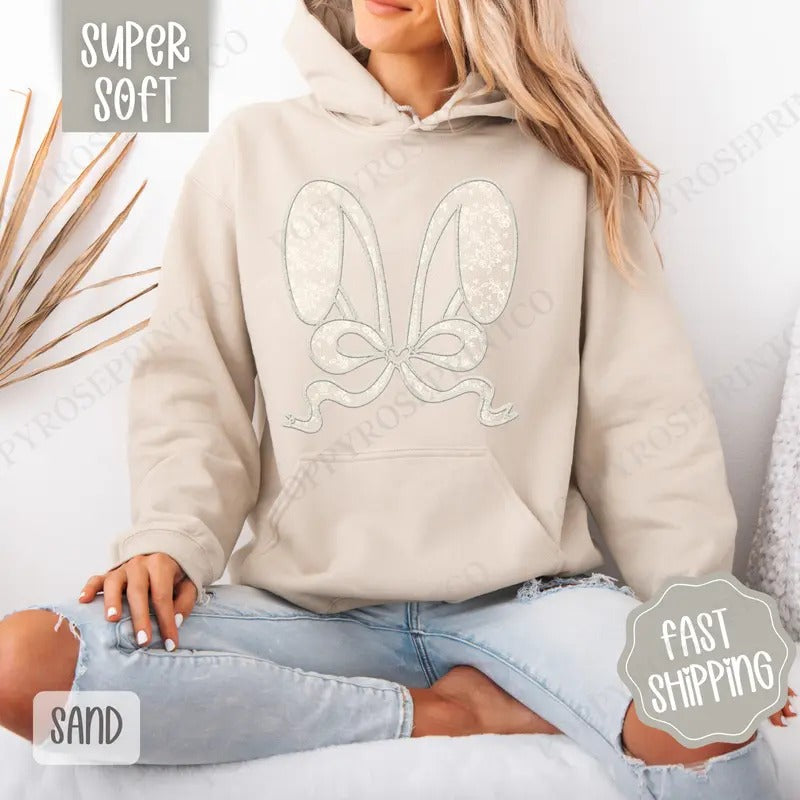 Lace Bunny Ears Hoodie, Easter Women's Crewneck, Cute Bunny Women's Hooded Sweater T-Shirts, Sweatshirt | WearSparks.com