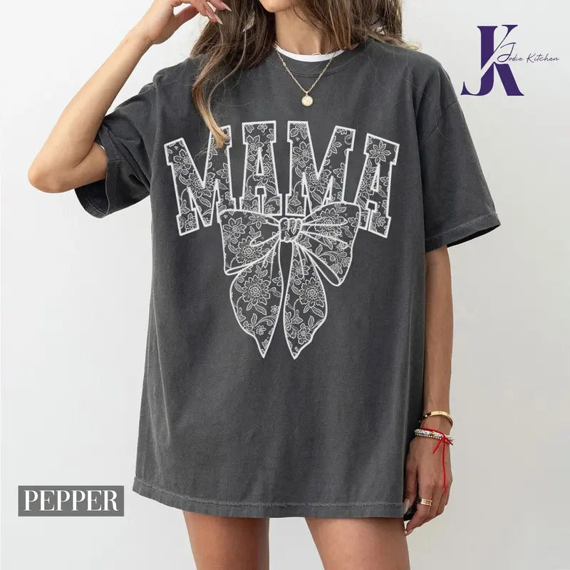 Lace Coquette Bow Mama Coquette Shirt, Mama Tee, Floral Mama Shirt, Floral Chinoiserie, Mama Varsity,, mama mini Crewneck...