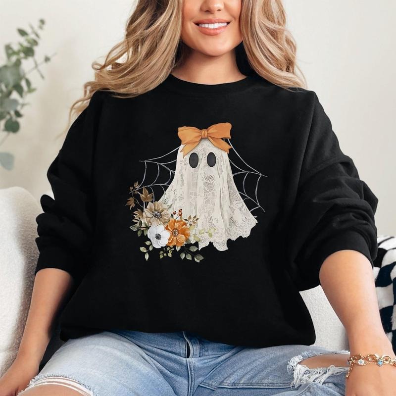 Lace Ghost, Halloween, Girly, Spooky Coquette, Lacey Ghost, Orange Bow, Ribbon, Flowers, Spider Web Sweatshirt T-Shirts,...