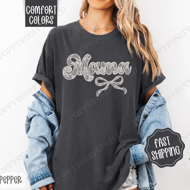 Lace Mama Shirt Comfort Colors, Coquette Lace Mama Bow Women's Tee, Cute Women's Tshirt Hoodie, Sweatshirt | WearSparks.com