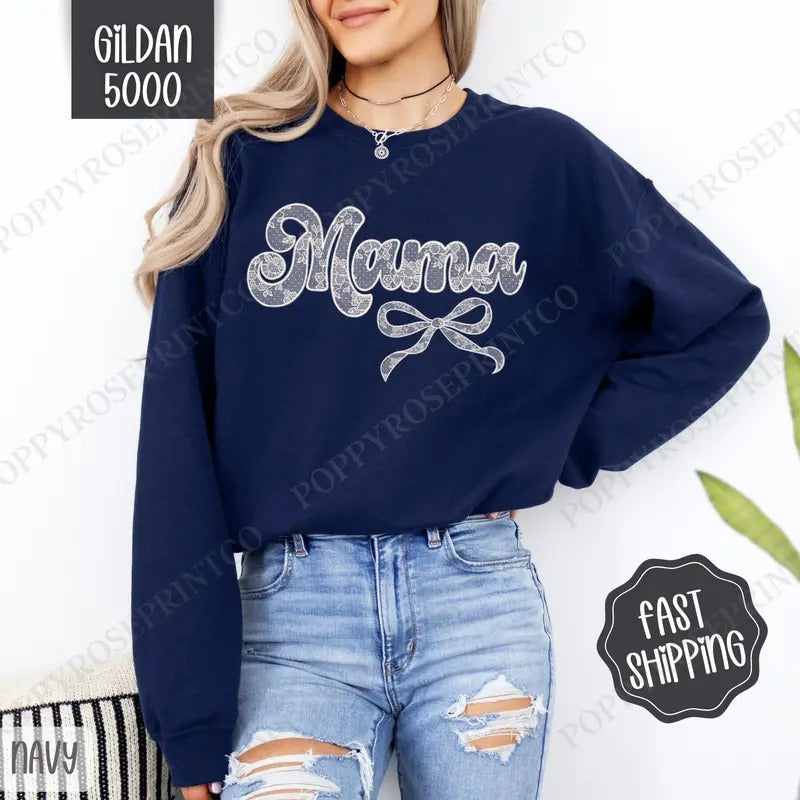 Lace Mama Sweatshirt, Coquette Lace Mama Bow Crewneck, Cute Women's Sweater T-Shirts, Hoodie | WearSparks.com
