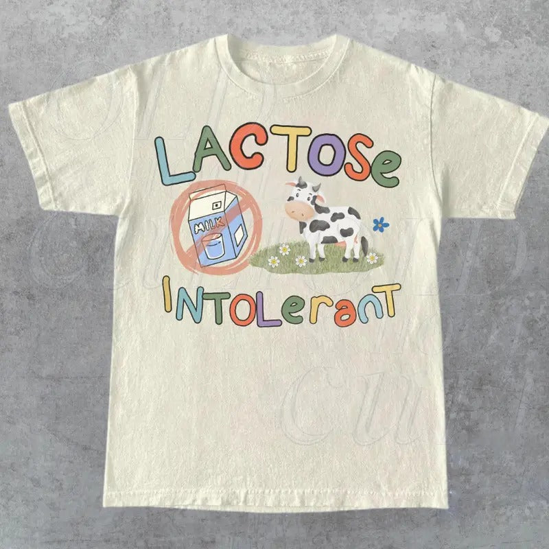 Lactose Intolerant Vintage Graphic T-Shirt, Retro Milk 90s Cute Tee, Funny Shirts For Friends, Y2k Unisex Baggy Shirt,...