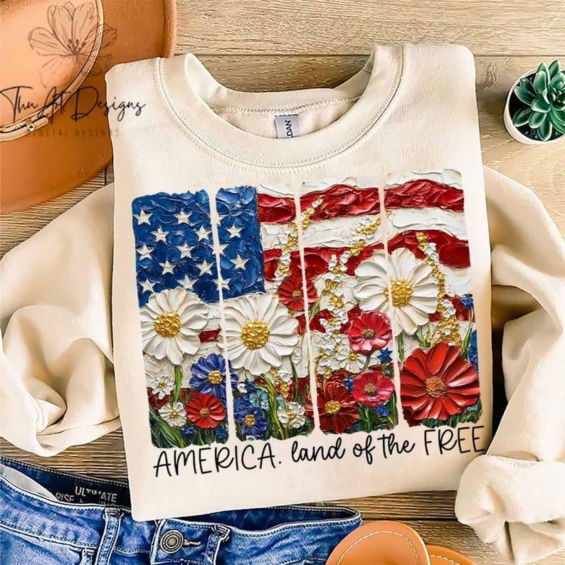 Land of the Free t-shirt, Floral America Brushstroke, 4th of July & Memorial Day tshirt, USA Flowers Patriotic...