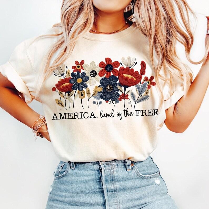 Land of the free t-shirt, Floral America t-shirt, 4th of July tshirt, Flowers America sweatshirt, America Brushstroke...