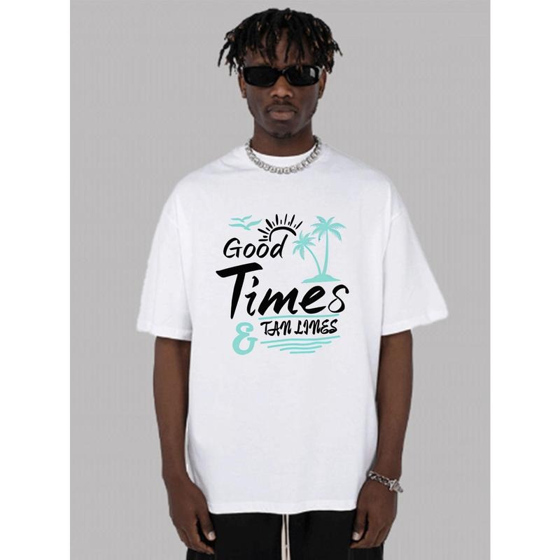 Landscape letter print fashion T-shirt men, cotton round neck new cotton T-shirt, round neck casual sports short-sleeved...