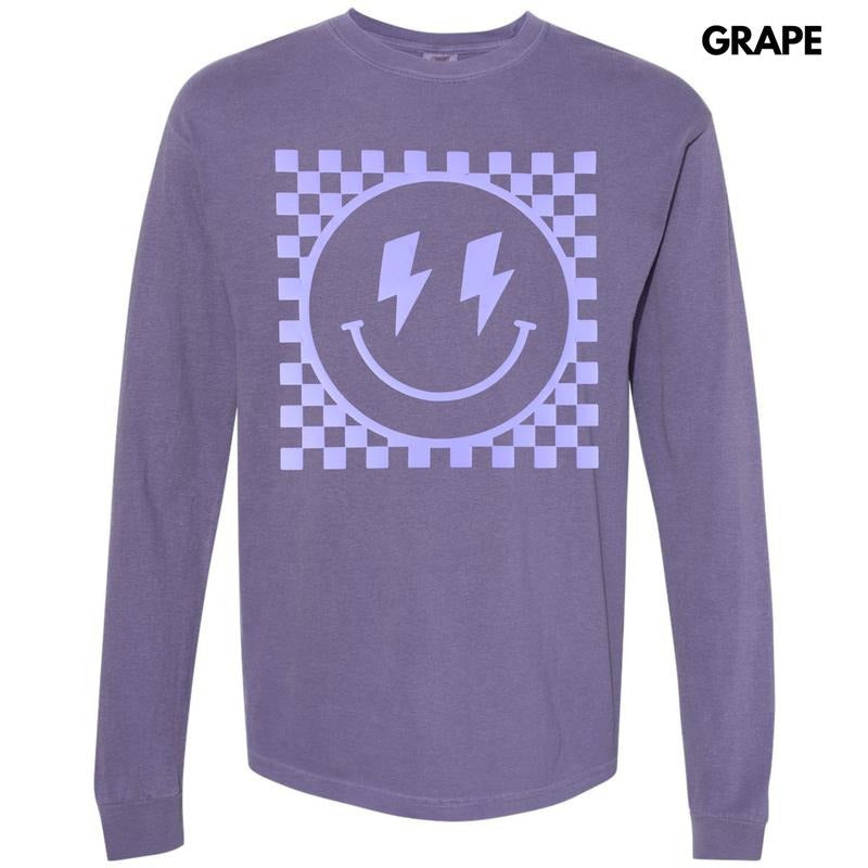 Lavender Checkered Happy Face Puff Long Sleeve Comfort Colors T-Shirt Hoodie, Sweatshirt | WearSparks.com