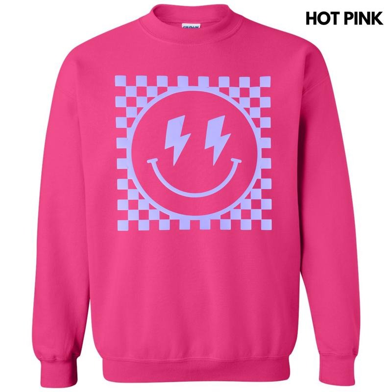 Lavender Checkered Happy Face Puff Sweatshirt T-Shirts, Hoodie | WearSparks.com