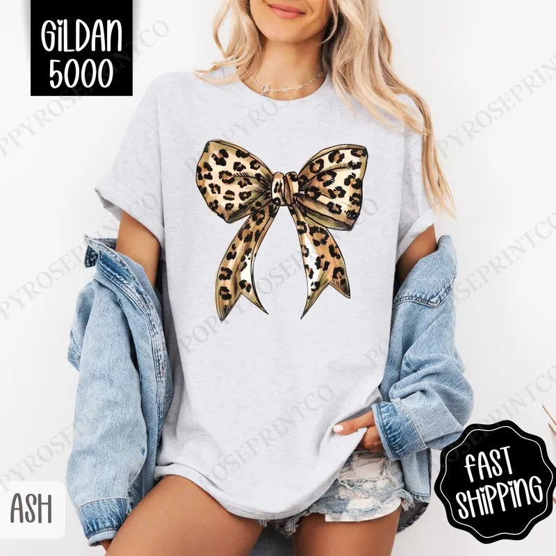 Leopard Bow Shirt Gildan, Coquette Animal Print Women's Tee, Cute Women's Tshirt Plus Sizes Hoodie, Sweatshirt