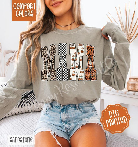 Leopard Checkered Mama Comfort Colors Long Sleeve T-Shirt, Cute Women's Graphic Tee Hoodie, Sweatshirt | WearSparks.com
