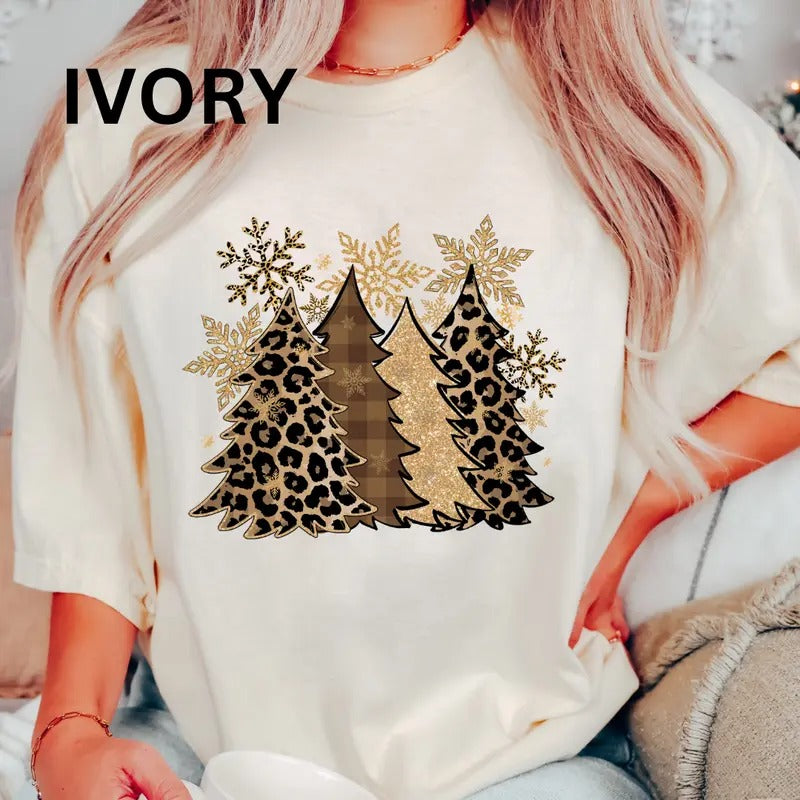 Leopard Christmas  Tree Shirt, christmas shirt Women's Oversized Christmas Shirt - Festive Printed Design
