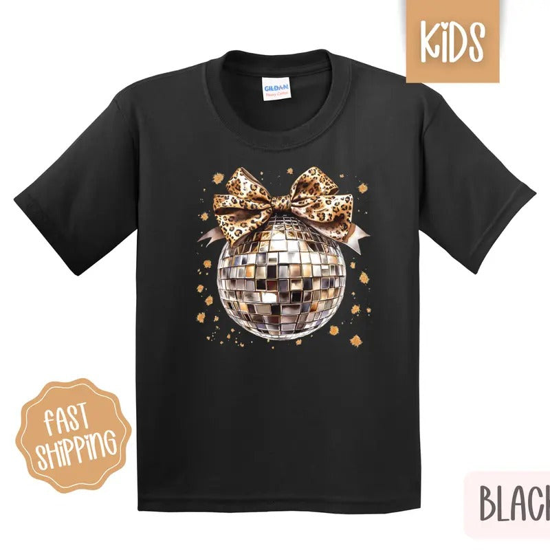 Leopard Disco Bow Kids Shirt - New Year's 2025 Children's Tshirt - Youth NYE Tee Gildan Hoodie, Sweatshirt | WearSparks.com