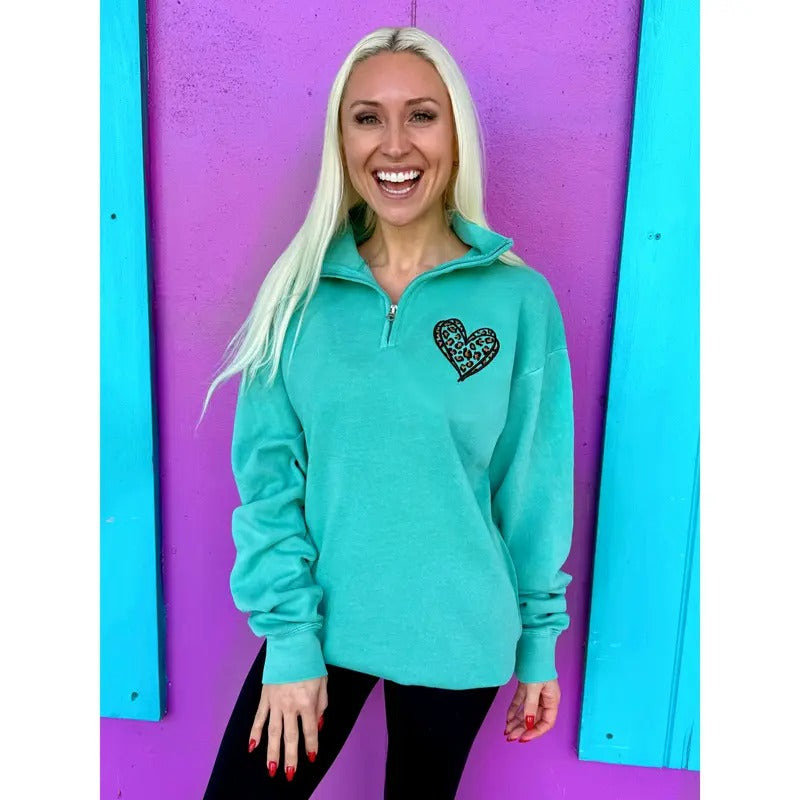 Leopard Heart Embroidered Teal Quarter Zip Pullover T-Shirts, Hoodie, Sweatshirt | WearSparks.com