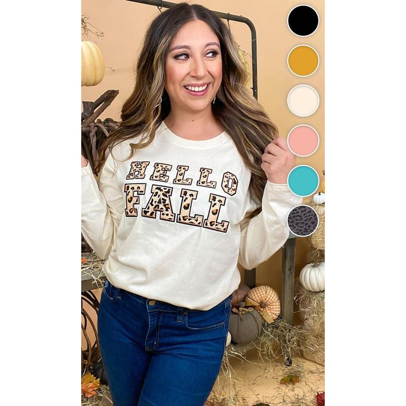 Leopard Ideal Chenille Hello Fall Graphic Boyfriend Long Sleeve T-Shirt Hoodie, Sweatshirt | WearSparks.com