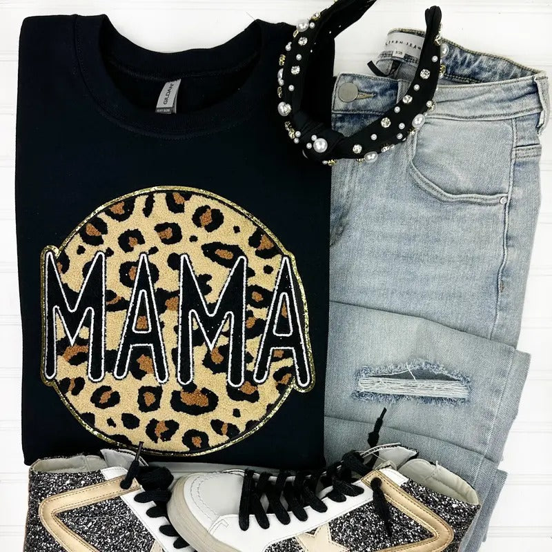 Leopard Mama Circle Chenille Patch Sweatshirt T-Shirts, Hoodie | WearSparks.com