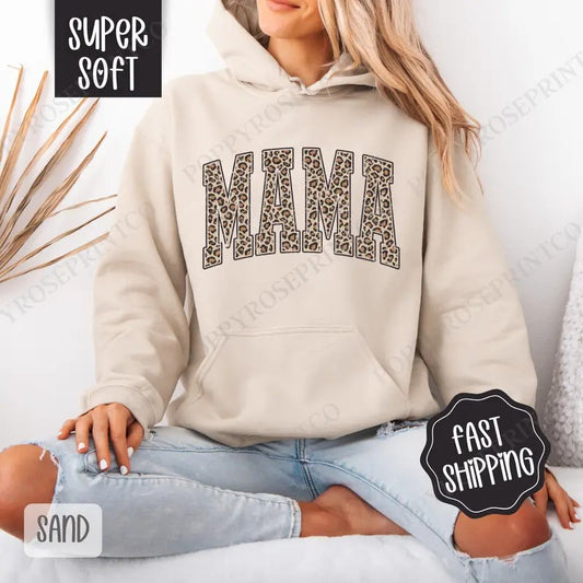 Leopard Mama Hoodie, Cute Women's Crewneck, Trendy Women's Hooded Sweater T-Shirts, Sweatshirt | WearSparks.com