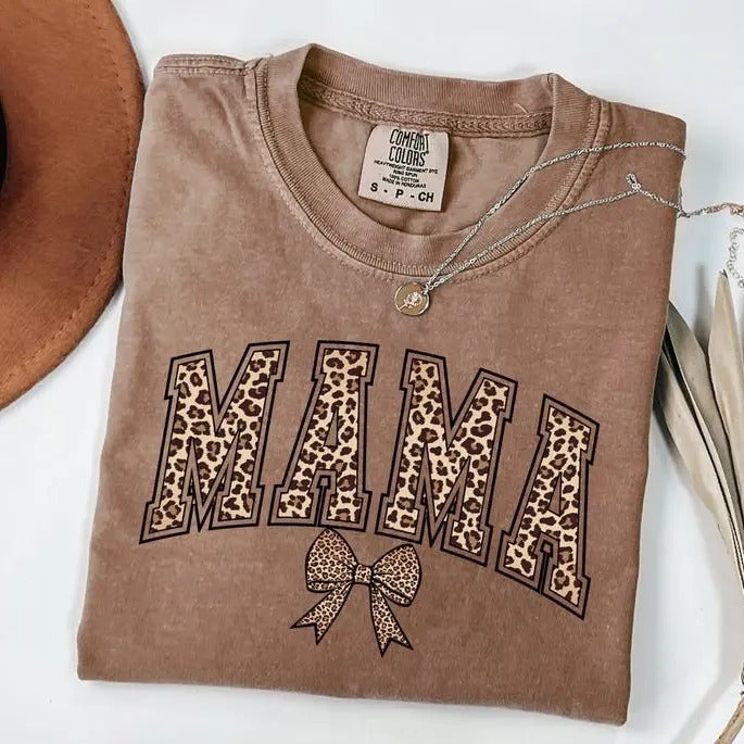 Leopard Mama Shirt, Mothers Day Gift Popular Mom Shirt, gift for mom, Comfort Colors Retro Mama Shirt bow Mama Cheetah...