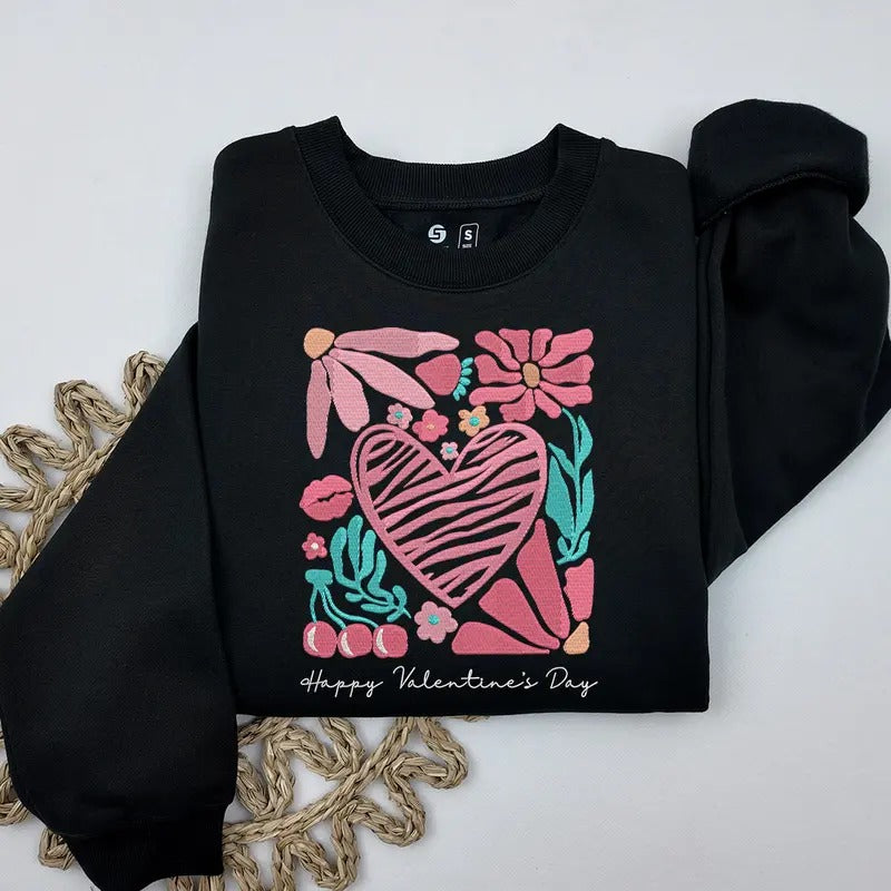 Leopard Pink Heart Embroidered Sweatshirt, Boho Floral Embroidered Sweatshirt, Gift for Her, Valentines Day Gift...
