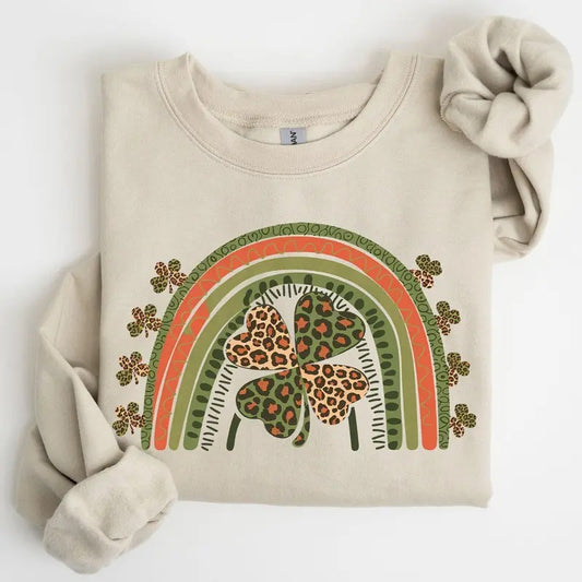 Leopard Rainbow, Shamrock, St. Paddy's Day, Clover, Lucky, Irish, Lucky Charm, St Patrick's Day Sweatshirt, Crew Neck,...