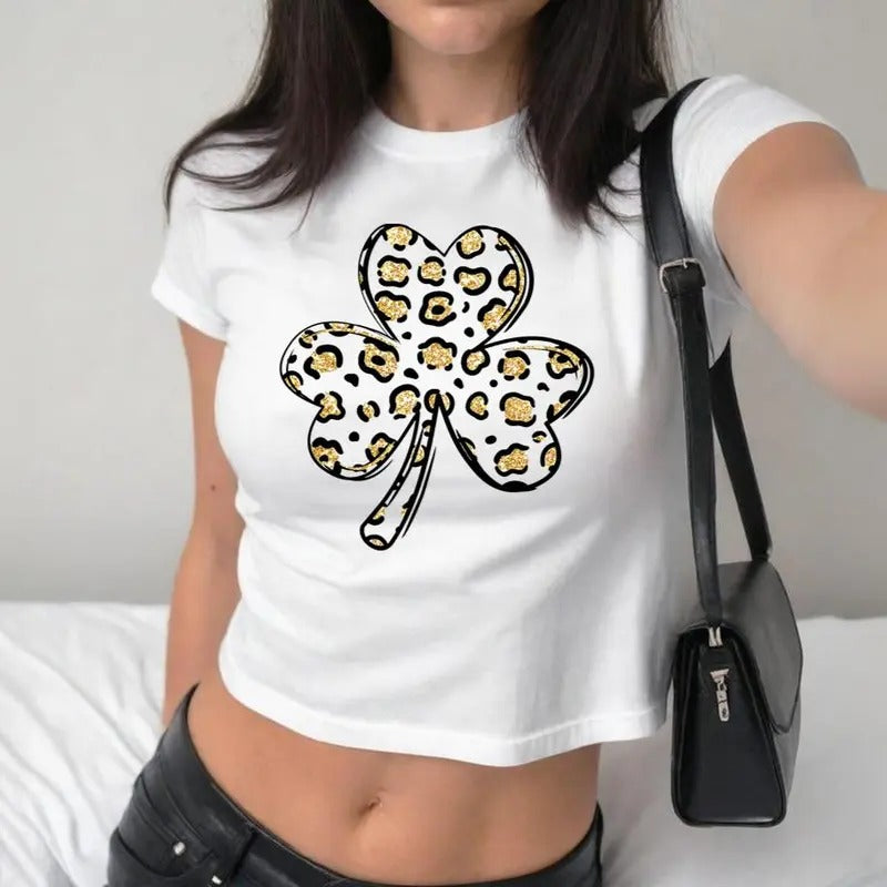 Leopard Shamrock Baby Tee For Women St Patrick's Day Shirt, Y2K 2000's Style, Streetwear Style, Gift for Her Hoodie,...