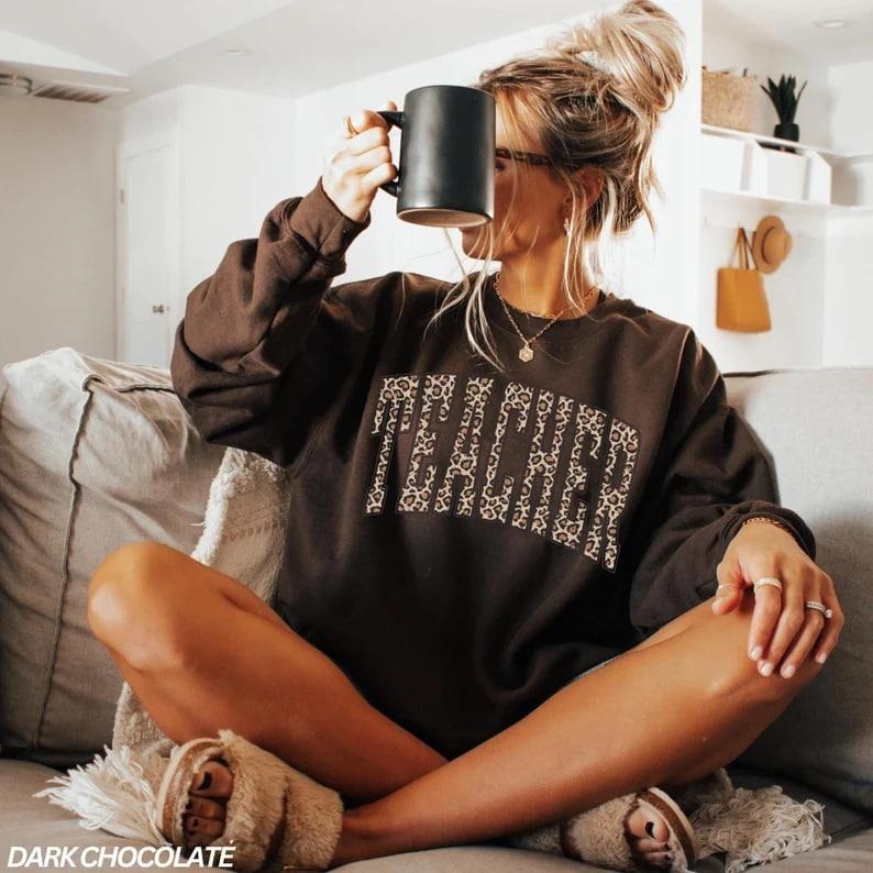 Leopard Teacher Sweatshirt, Teacher Shirt, Teach Sweatshirt, Varsity Teacher Sweatshirt, Animal Print Shirt, Gift for...