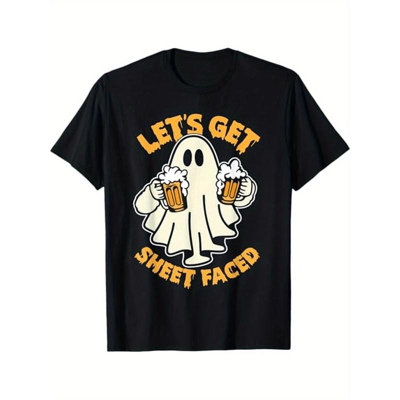 Let's Get Sheet Faced Funny Ghost Drinking Beer Halloween T-Shirt, 100% Cotton, Gift for Men Women Dad Mom Friends,...