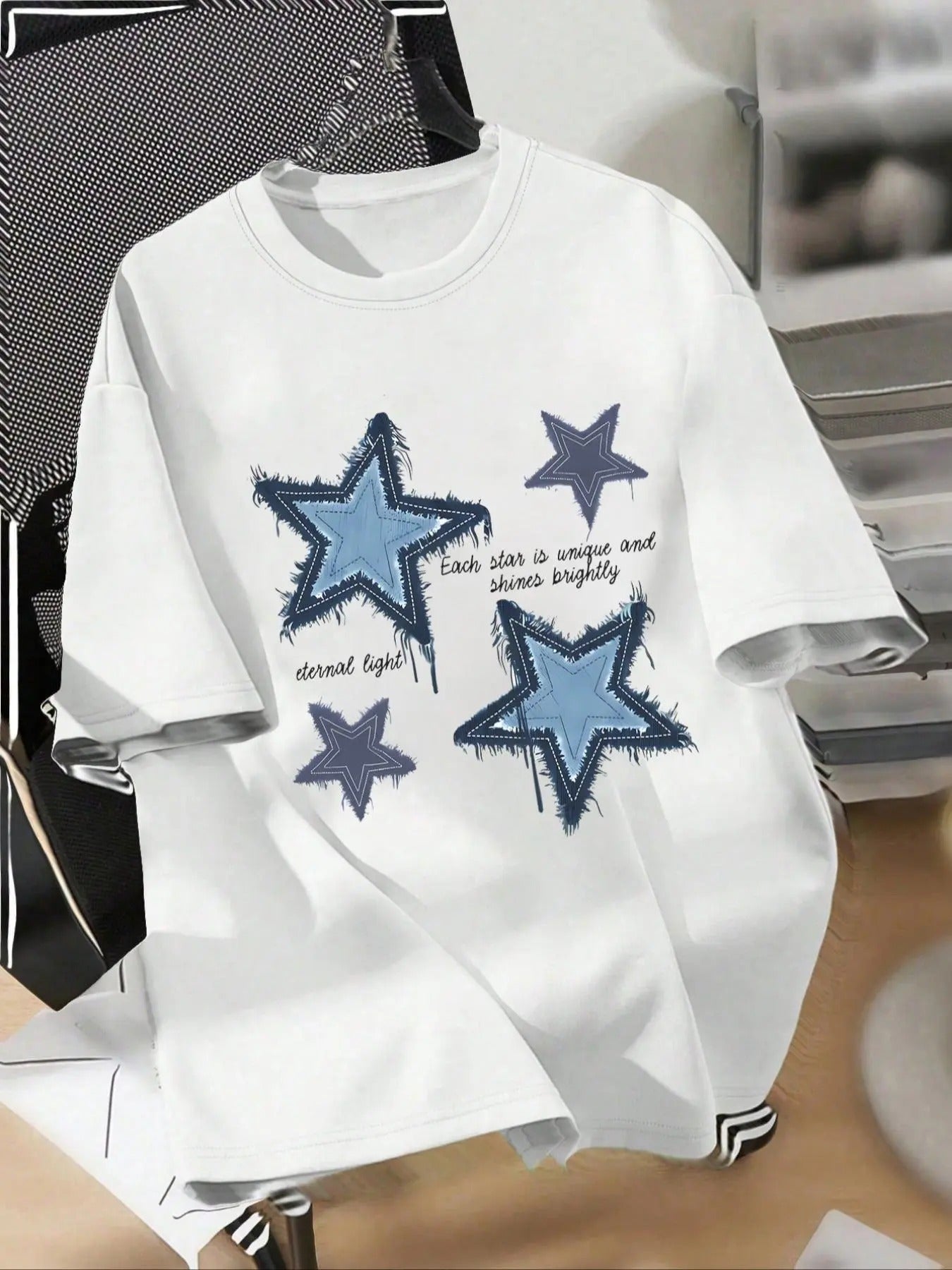 Women's Solid / Letter & Star Print Drop Shoulder Tee, Casual Half Sleeve Round Neck T-Shirt for Summer, Ladies Clothes...