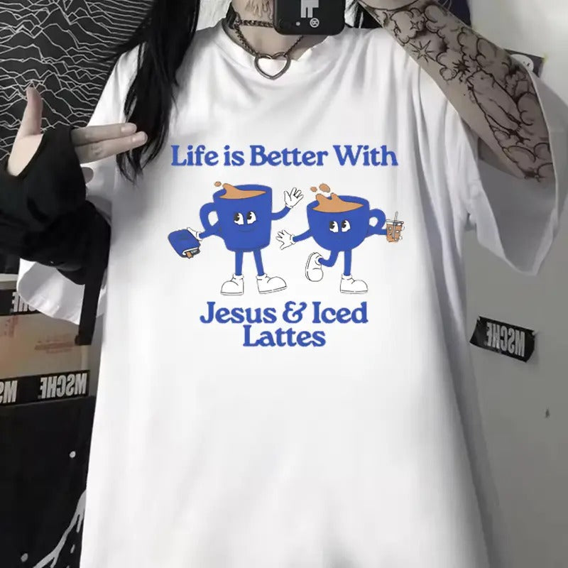 Life Is Better With Jesus & Iced Lattes Unisex Washed T-Shirt Hoodie, Sweatshirt | WearSparks.com