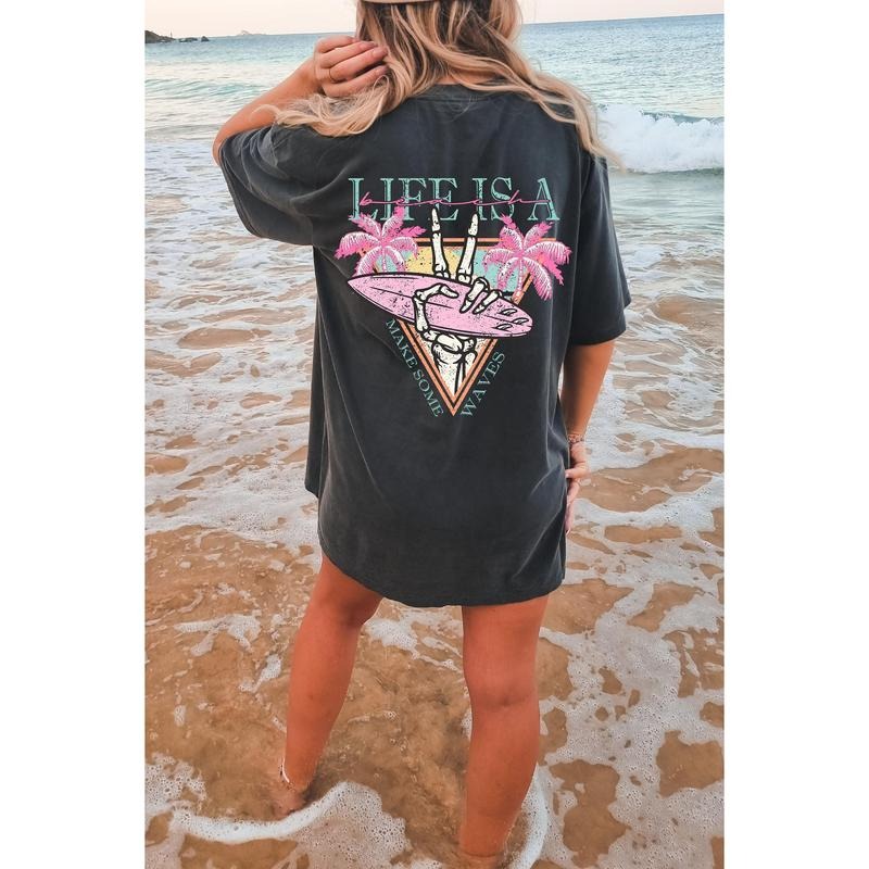 Life is a Beach Make Some Waves Oversized TShirt, Surfing Skeleton Shirt, Graphic Tees For Women, Boho Tee Hoodie, Sweatshirt