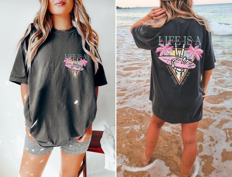 Life is a Beach Make Some Waves TShirt, Surfing Skeleton Shirt, Graphic Tees For Women, Boho Tee Hoodie, Sweatshirt