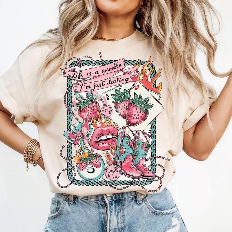 Life is a Gamble T-shirt | Retro Tattoo Style | Cowgirl Strawberry Card T-shirt Hoodie, Sweatshirt | WearSparks.com